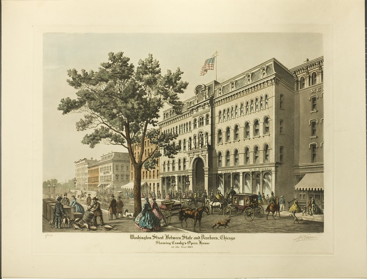 Washington utca a State és a Dearborn között, Chicago, Crosby operaháza az 1864-es évben alkotó: Raoul Varin