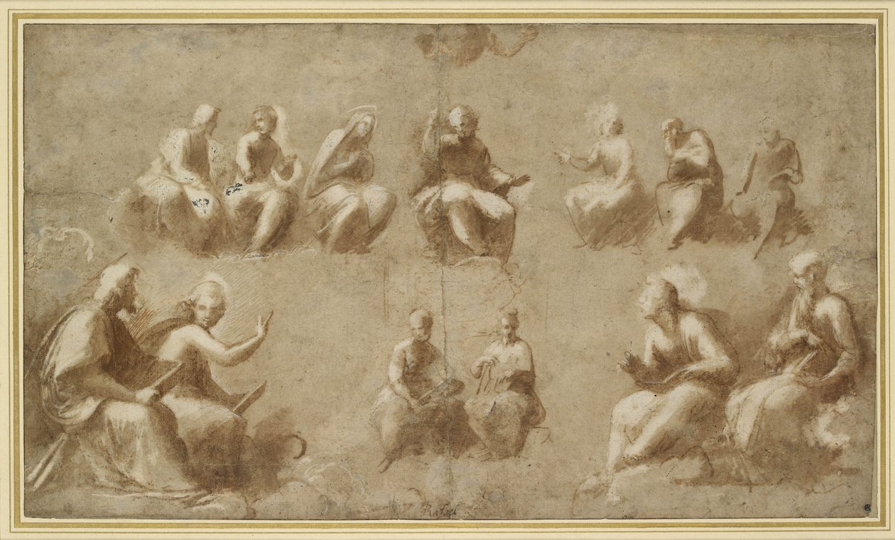 Krisztus és a szentek dicsőségben (Study for the Disputa) (ecsetrajz barna tintával) alkotó: Raffaello Sanzio Raphael