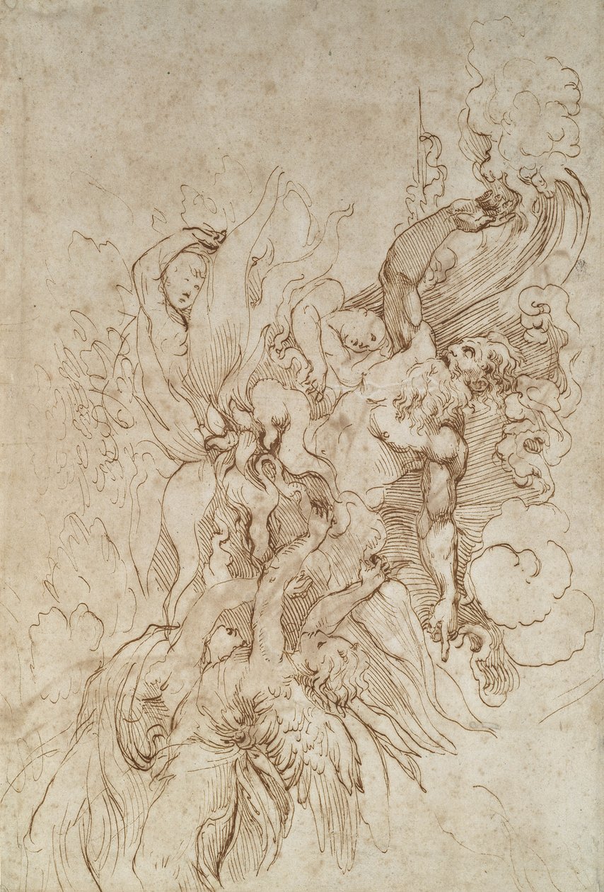 Jehova lángoló felhőben, angyalok kíséretében (recto) (toll és barna tinta törtfehér papíron) alkotó: Raffaello Sanzio Raphael
