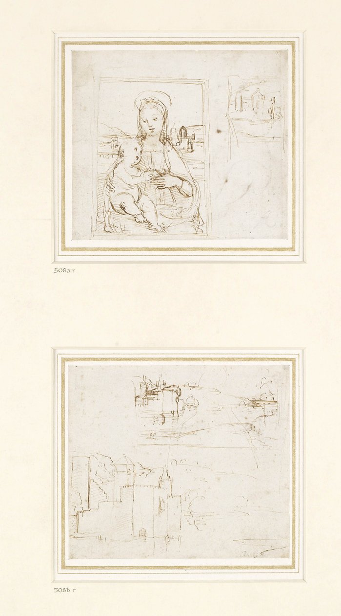 Tájvázlat Szűz Mária balra fordított fejének rövid tanulmányozásával, 1500-1504 (toll és barna tinta fémhegyen, fehér papíron) alkotó: Raffaello Sanzio Raphael