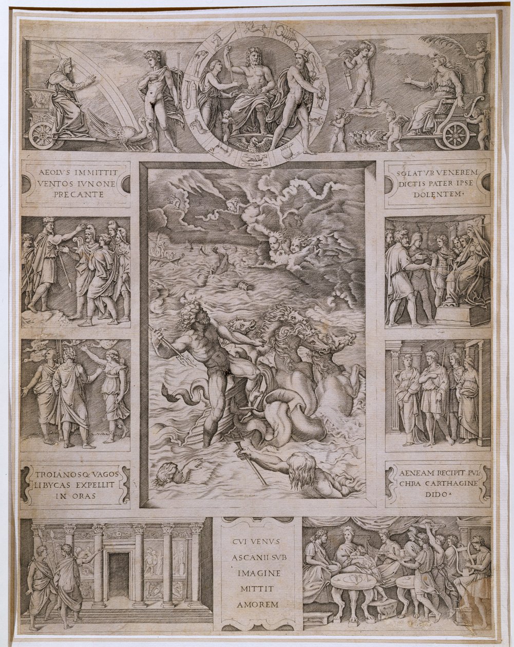Quos Ego, Neptune Calming the Storm, szegélyekkel Vergilius „Aeneis” című művének további jelenetei, Marcantonio Raimondi (1480-1534) metszete 1515-16 körül. alkotó: Raffaello Sanzio Raphael