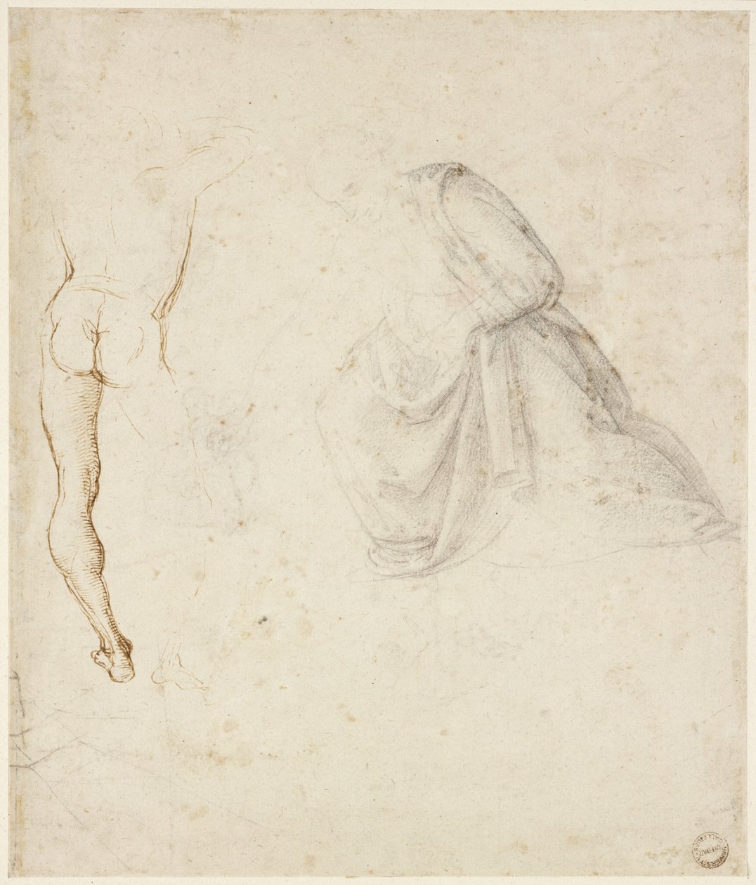 Recto: Egy álló férfi hátulnézete, Signorelli után; egy térdelő alak drapériája, WA1846.145 alkotó: Raffaello Sanzio Raphael