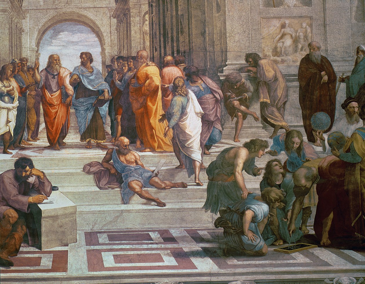 Athéni Iskola, jobb oldali részlet, Diogenész a lépcsőn és Euklidész, 1510-11 freskórészlet a 472-ből alkotó: Raffaello Sanzio Raphael