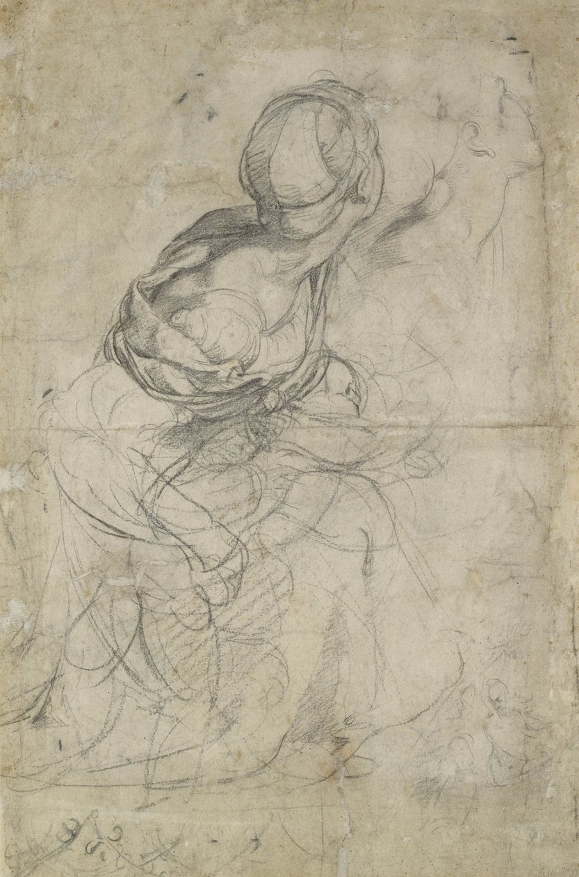 Tanulmányok két térdelő nő számára (fekete kréta) alkotó: Raffaello Sanzio Raphael