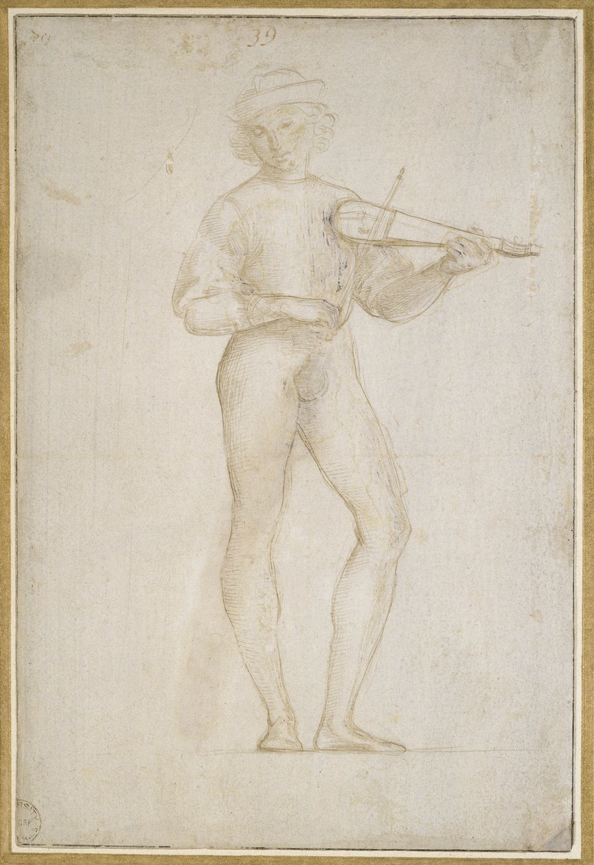 Tanulmány egy zenélő fiatalemberről (ezüstpontos, testszínnel kiemelve, halvány kőszürke preparátumon) alkotó: Raffaello Sanzio Raphael