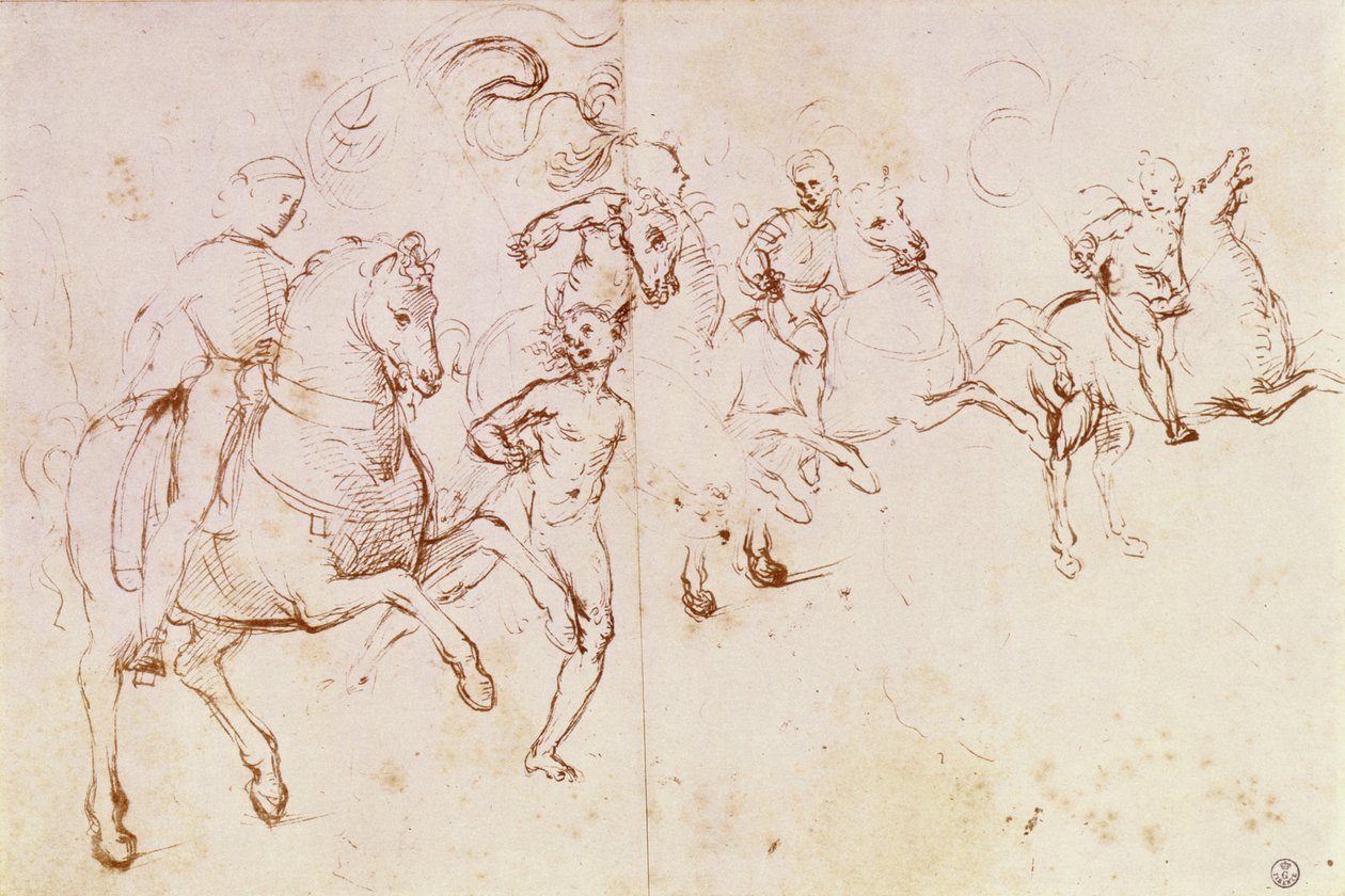 Tanulmány négy lovasról és egy férfi aktról egy „Sacre Conversazione”-hoz (toll és tinta) alkotó: Raffaello Sanzio Raphael