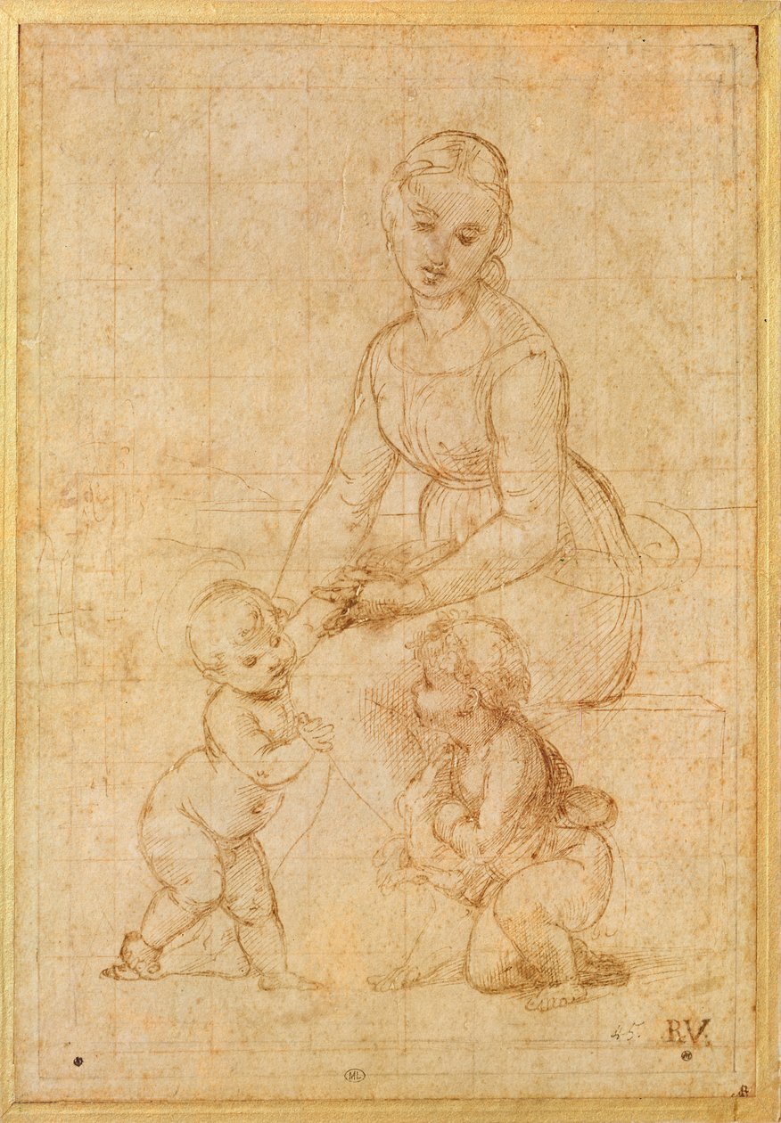 Tanulmány a Szűzről a „La Belle Jardini ère” vagy a Madonna és gyermeke Keresztelő Szent Jánossal (tintával papíron) számára alkotó: Raffaello Sanzio Raphael