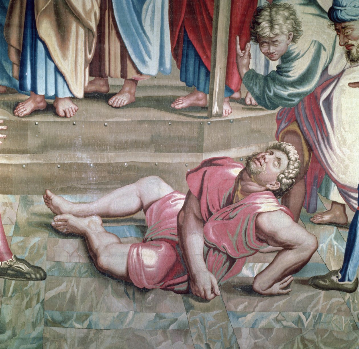 Az apostolok cselekedeteit ábrázoló kárpit, Anániás halálának részlete Ananias haldoklását ábrázolja, a Beauvais-műhelyben szőtt Philippe Behagle irányításával 1641-1705, 1695-98 gyapjú kárpit alkotó: Raffaello Sanzio Raphael