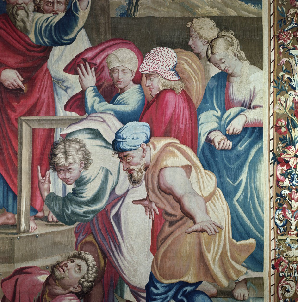 Az apostolok cselekedeteit, Ananias halálát ábrázoló kárpit egy ijedtségtől elfogott nézőcsoport részletét a Beauvais-műhelyben szőtték Philippe Behagle 1641-1705 irányításával, alkotó: Raffaello Sanzio Raphael