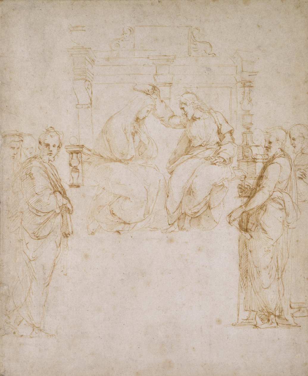 A Szűz megkoronázása (toll és barna tinta, törtfehér papírra) alkotó: Raffaello Sanzio Raphael