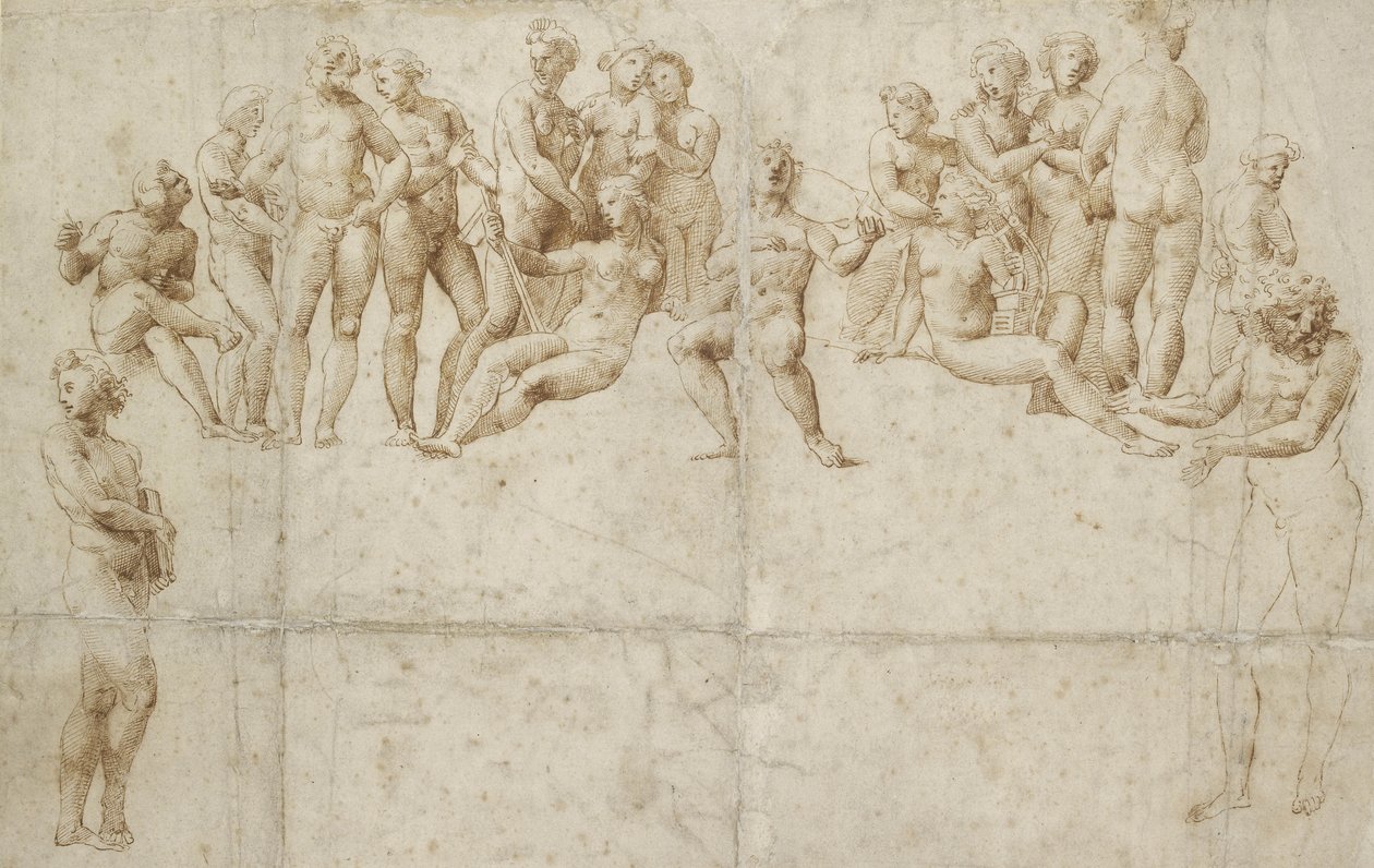 A Parnasszus, másolat Raffaello után (toll és barna tinta fekete krétával, fehér papírra) alkotó: Raffaello Sanzio Raphael