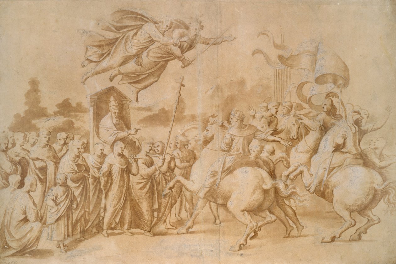 Attila taszítása (papíron gouache-val erősített barna mosás) alkotó: Raffaello Sanzio Raphael