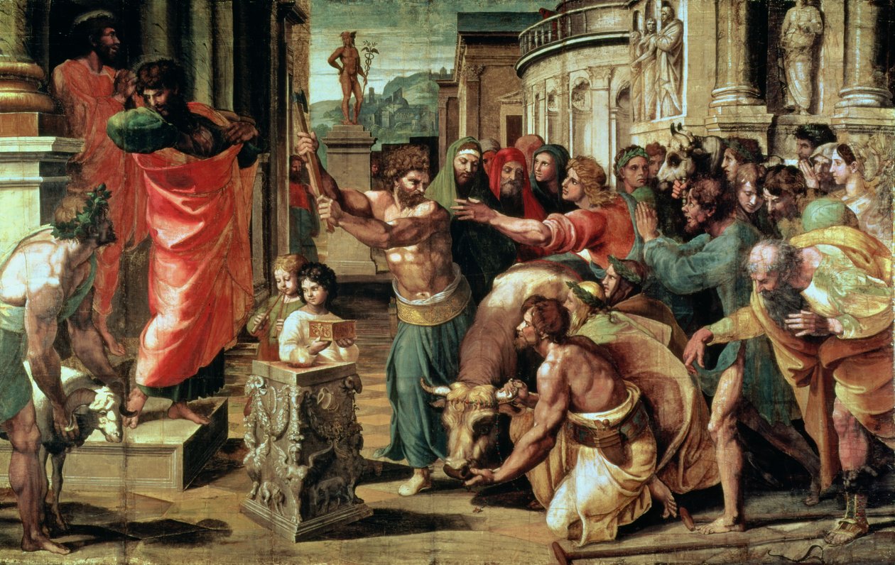 Az áldozat a lystrában (rajzfilm a Sixtus-kápolnához) (RESZTORÁCIÓ ELŐTT) alkotó: Raffaello Sanzio Raphael