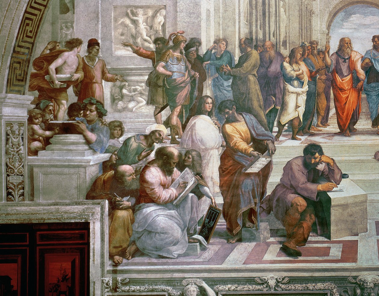 Az Athéni Iskola, bal oldali részlet, amely a diákokkal körülvett Pythagorast és Michelangelót ábrázolja, 1510-11 472 freskórészlet alkotó: Raffaello Sanzio Raphael