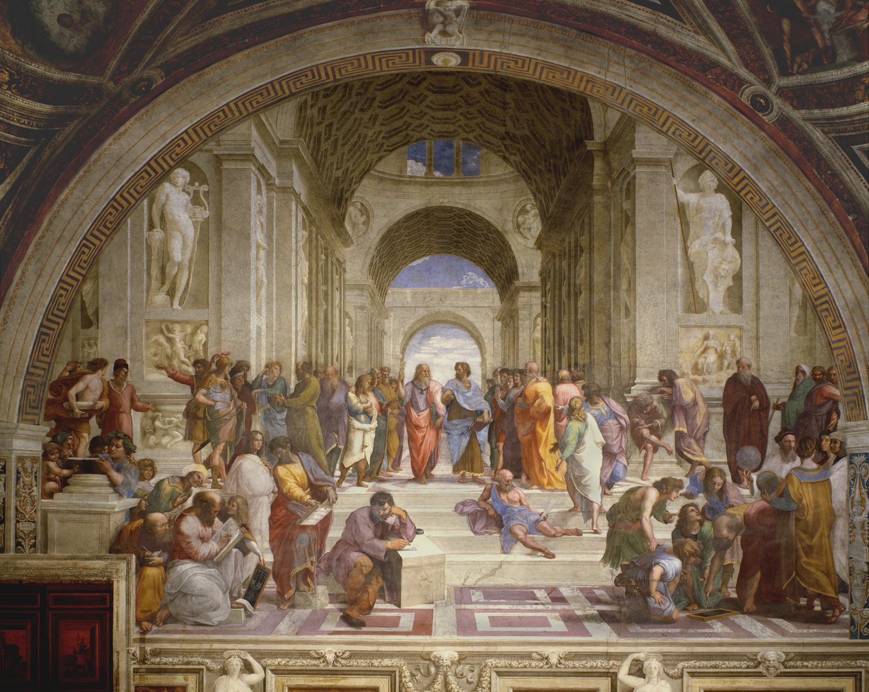 Az athéni iskola, a Stanza della Segnatura című műből, 1509-10 alkotó: Raffaello Sanzio Raphael