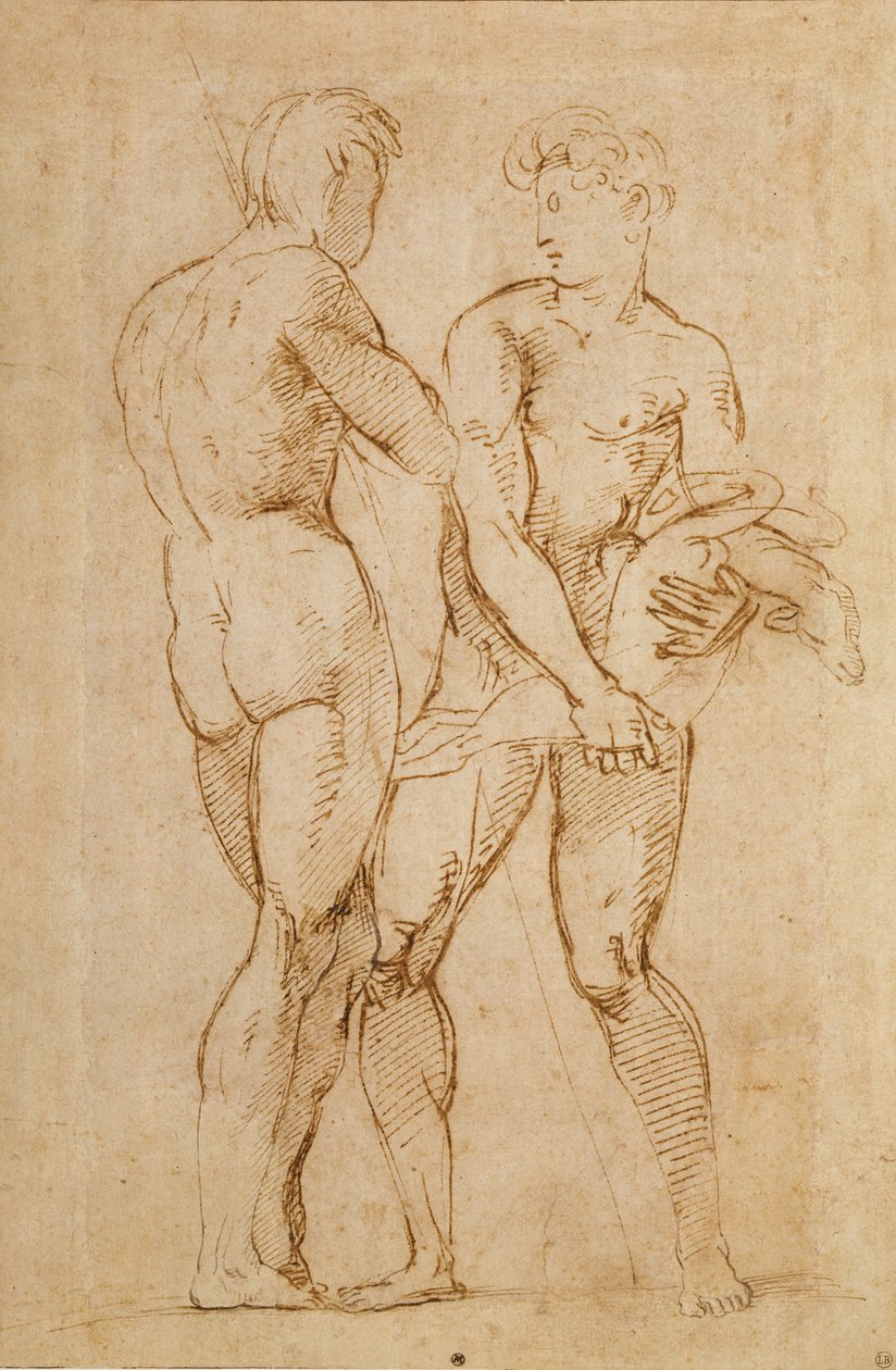 Két meztelen férfi áll, az egyik egy bárányt tart alkotó: Raffaello Sanzio Raphael