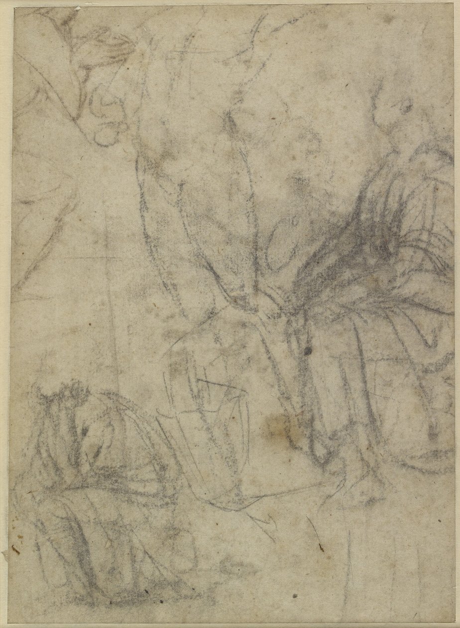 Verso: Térdelő figurák durva vázlatai, WA1846.174 alkotó: Raffaello Sanzio Raphael