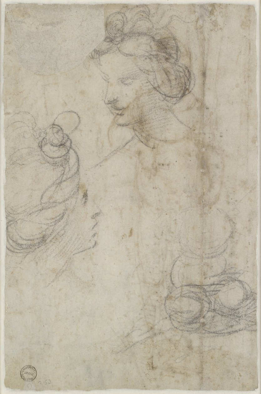 Verso: Két női fej és egy guggoló nő vázlata, WA1846.168 alkotó: Raffaello Sanzio Raphael