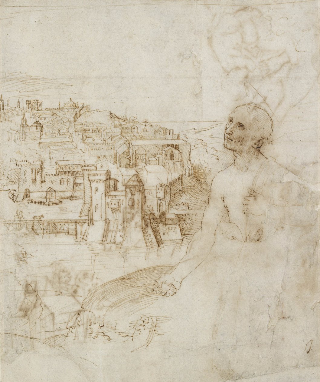 Kilátás Perugia városára, a bűnbánó Szent Jeromossal az előtérben, 1504 (toll és barna tinta fehér papíron) alkotó: Raffaello Sanzio Raphael