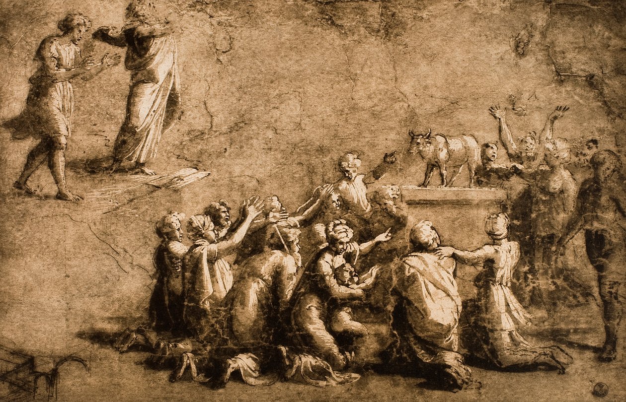Az Aranyborjú imádása vagy Mózes megtöri a törvénytáblákat; Raphael rajza. Gabinetto dei Disegni e delle Stampe, Uffizi Képtár, Firenze alkotó: Raffaello Sanzio Raphael