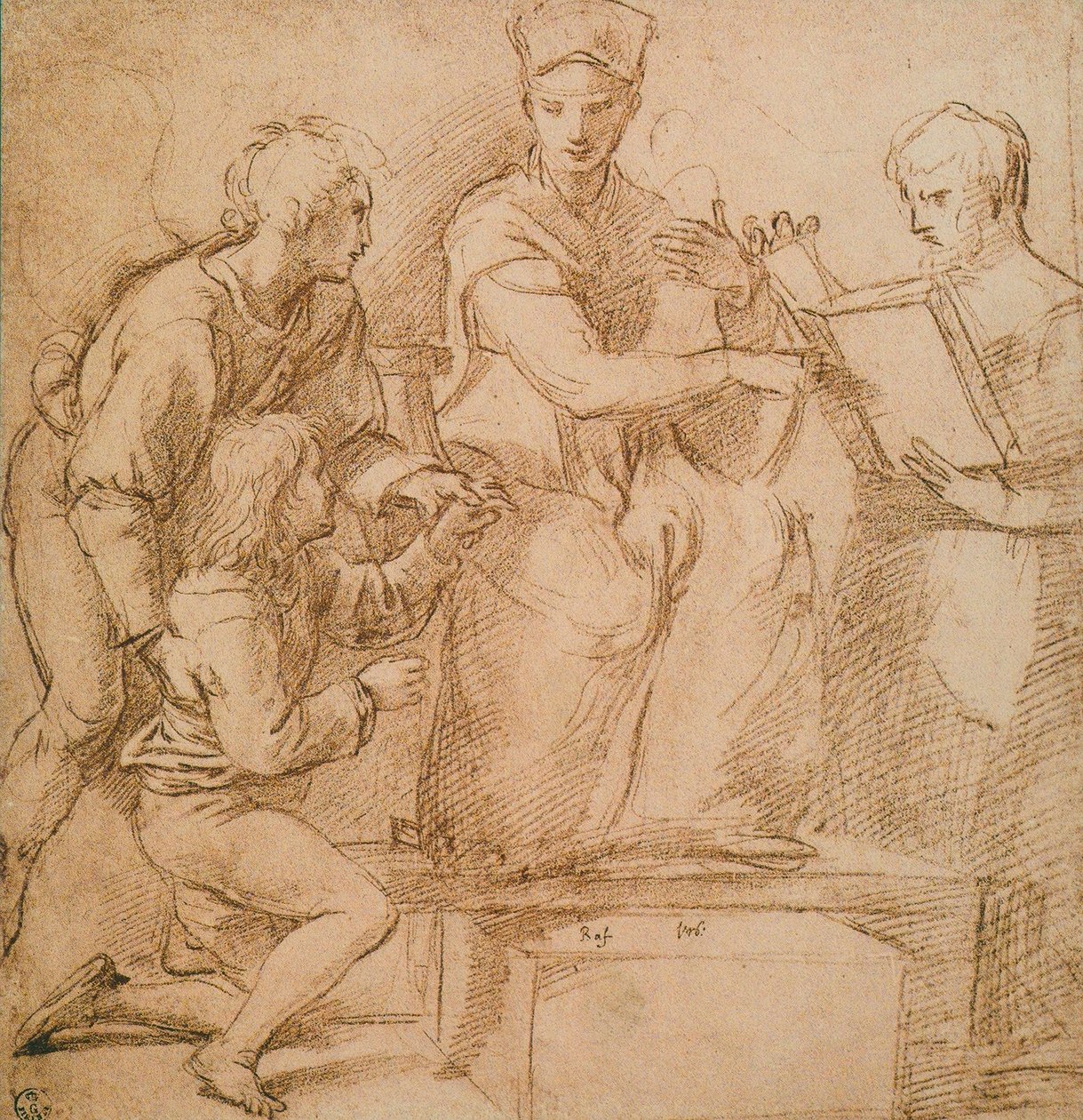 Négy figura (Madonna és gyermek?), Raphael rajza. Rajzok és nyomatok kabinetje, Uffizi Galéria, Firenze alkotó: Raffaello Sanzio Raphael