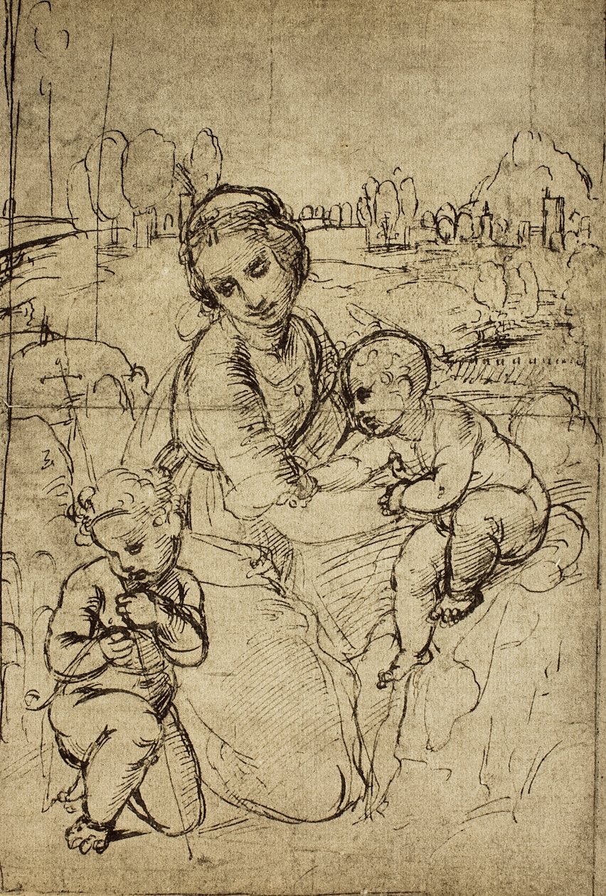 Madonna és gyermek és Szent János (gyermek), Raphael rajza. Rajzok és nyomatok kabinetje, Uffizi Galéria, Firenze alkotó: Raffaello Sanzio Raphael