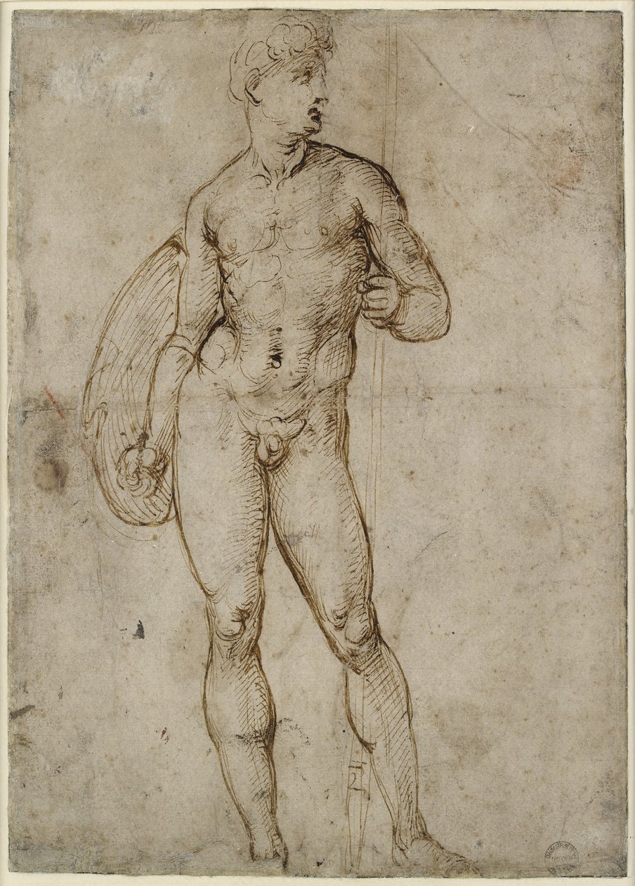 Recto: A Youthful Warrior, WA1846.163 (toll és barna tinta, néhány valószínűleg nem kapcsolódó vak ceruzanyom) alkotó: Raffaello Sanzio Raphael