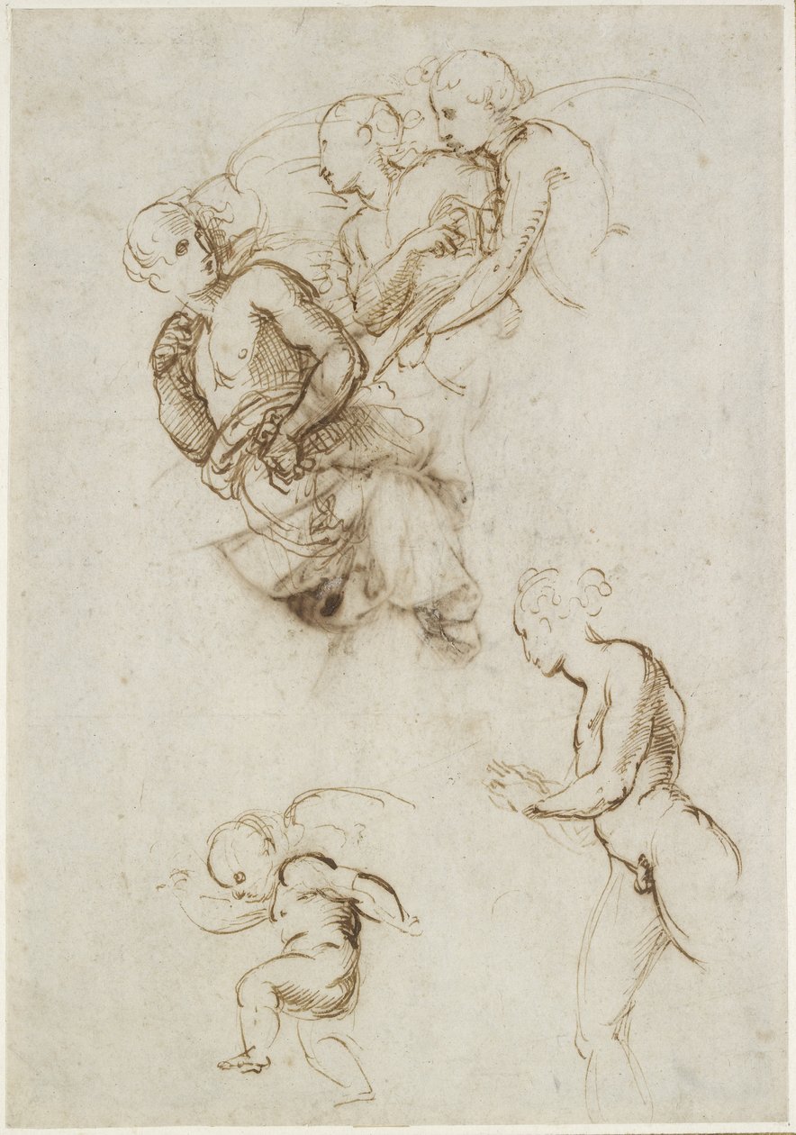 Recto: Tanulmányok repülő angyalok csoportjának, WA1846.190 (toll és barna tinta fehér papíron) alkotó: Raffaello Sanzio Raphael