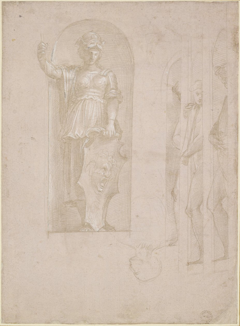 Tanulmányok Minerva figurájához és más szobrokhoz (Study for the School of Athén), WA1846.192 (fémpont fehér kiemeléssel rózsaszín előkészített papíron) alkotó: Raffaello Sanzio Raphael
