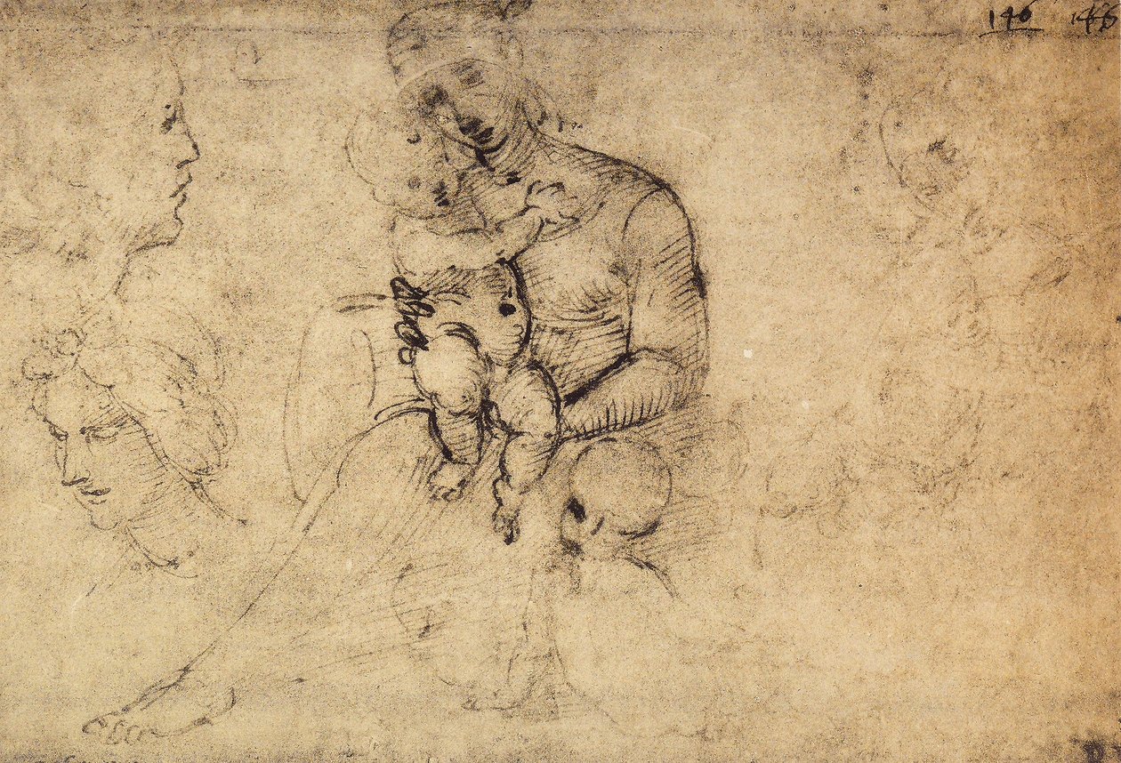 Tanulmány Madonnáról és gyermekéről; Raphael rajza. Louvre, Párizs alkotó: Raffaello Sanzio Raphael