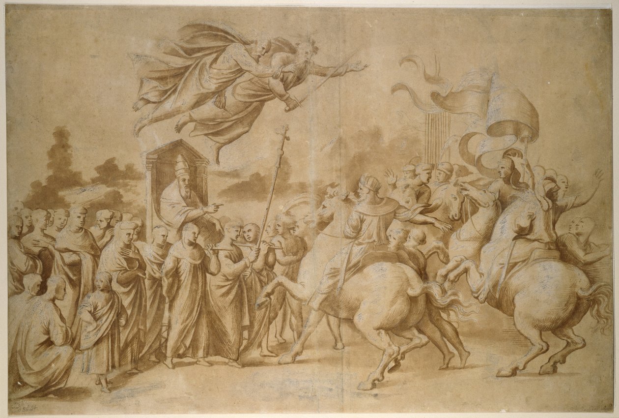 Attila taszítása, WA1846.277 (barna mosású ecsetrajz, testszínnel megerősítve (oxidált) súrolópapíron) alkotó: Raffaello Sanzio Raphael