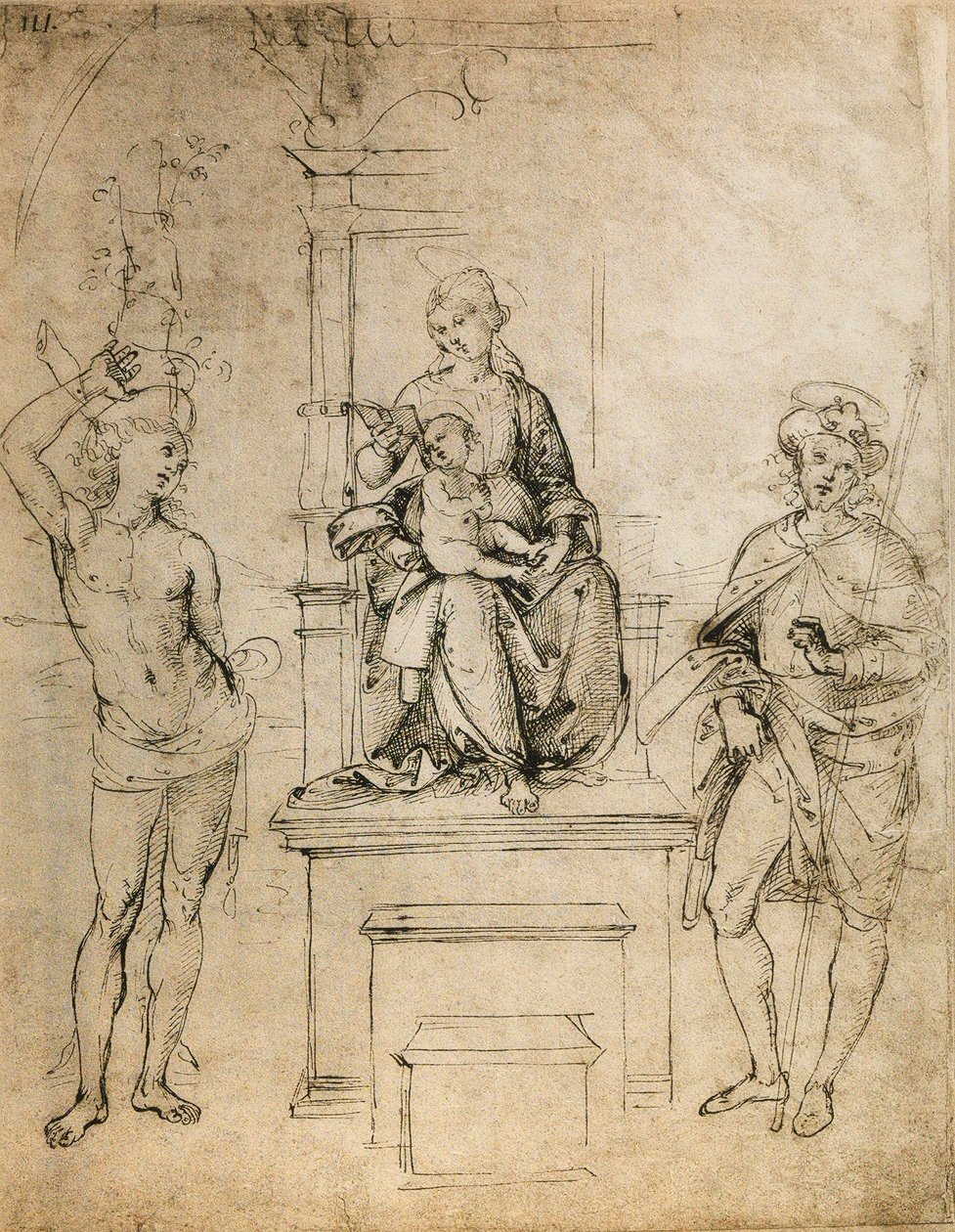 A Szűz, a Kis Jézus, Szent Sebestyén és Szent Rókó; Raphael rajza. Louvre, Párizs alkotó: Raffaello Sanzio Raphael