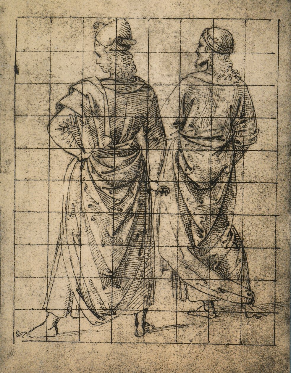 Két álló férfialak, hátulnézet; Raphael rajza. Gallerie dell