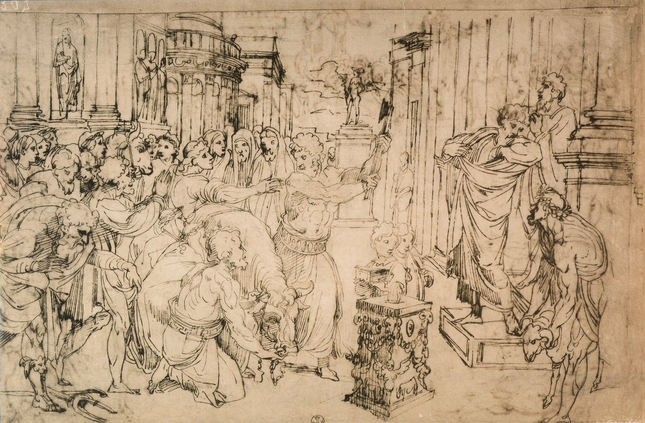 A Bika feláldozása, rajz a Rafael iskolából. Rajzok és nyomatok kabinetje, Uffizi Galéria, Firenze alkotó: School of Raphael