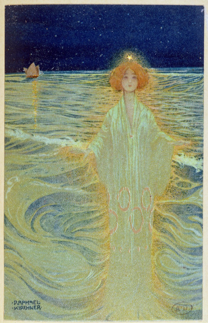 Szellem jelenik meg a tenger felett az éjszaka folyamán, 20. század elején alkotó: Raphael Kirchner