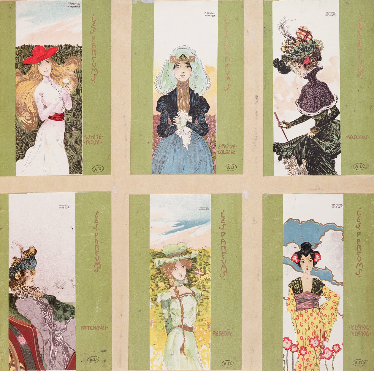 Válogatás a parfümök allegorikus ábrázolású képeslapjaiból alkotó: Raphael Kirchner