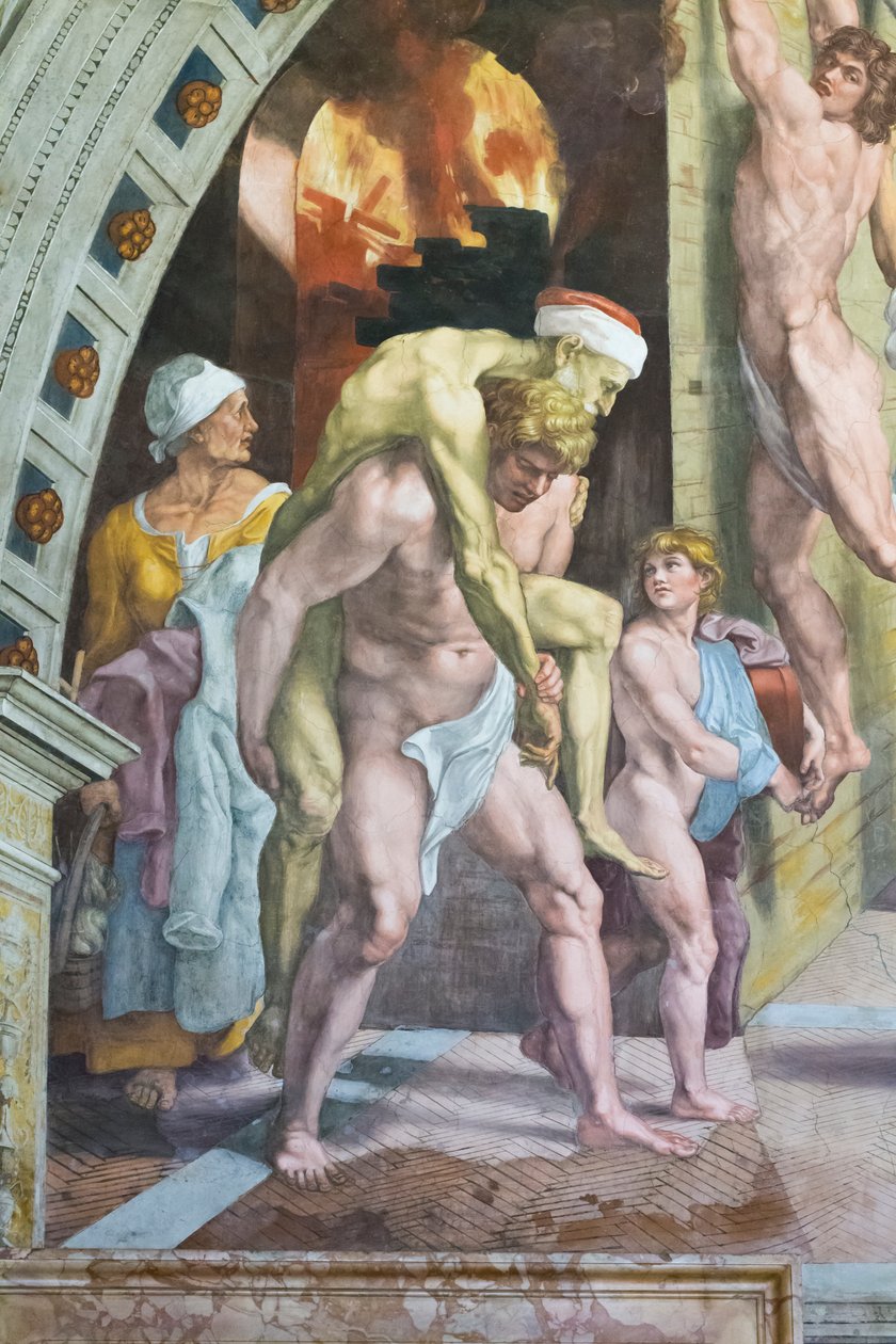 Tűz a borgóban, részlet, amely valószínűleg Aeneast ábrázolja, amint apjával, Anchisesszel és fiával, Ascaniusszal szökik alkotó: Raphael (1483 1520) (& studio)