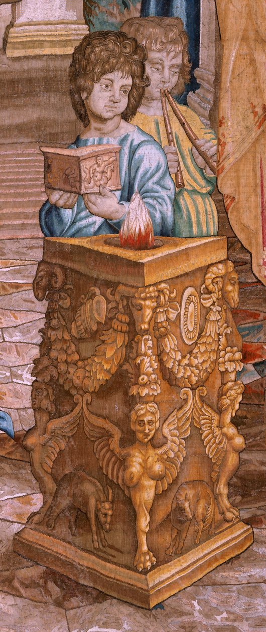 Flamand kárpit. Az Apostolok Cselekedetei sorozat. Szent Pál és Szent Barnabás Lystrában (San Pablo y San Bernabé en Lystra). 8. kendő a sorozatban, ketté lett osztva, hogy a szobához igazítsák. Rafael Sanzio rajzfilmmodellje. 1519. Gyártás Jan Raes alkotó: Raphael
