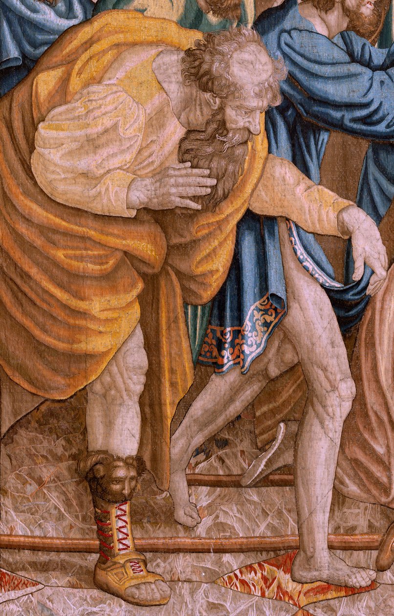 Flamand kárpit. Az Apostolok Cselekedetei sorozat. Szent Pál és Szent Barnabás Lystrában (San Pablo y San Bernabé en Lystra). 8. kendő a sorozatban, ketté lett osztva, hogy a szobához igazítsák. Rafael Sanzio rajzfilmmodellje. 1519. Gyártás Jan Raes alkotó: Raphael