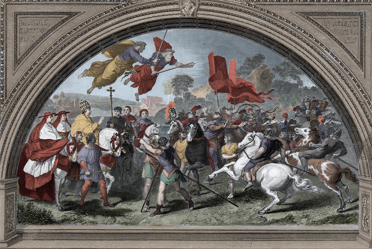 I. León pápa (390-461) ábrázolása a hunok Attila (kb. 395-453) vezérével szemben 452-ben Mantovában - Barbár inváziók - (I. Leó pápa a nagy találkozás Attila hun királlyal 452-ben) (Raphael után) alkotó: after Raphael