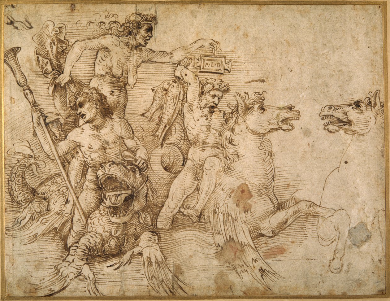 Tritonok csatája Andrea Mantegna után (toll és barna tinta fehér papíron) alkotó: Raphael