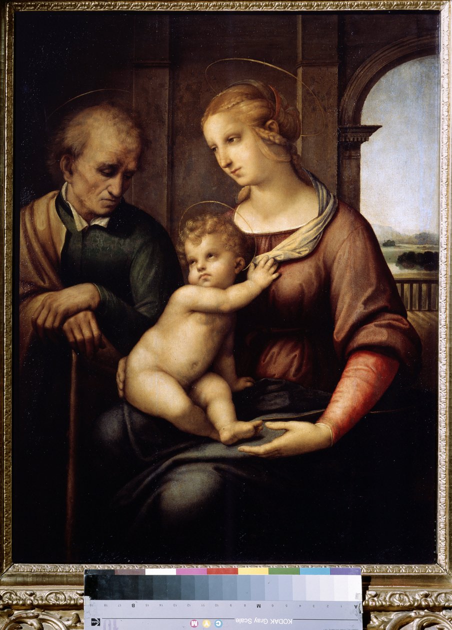 La Sainte famille avec Saint Joseph imberbe ou Szent család Szent Józseffel szakáll nélkül (A Szent Család vagy Madonna szakálltalan Józseffel). Raffaello Sanzio dit Raphael (1483-1520) festménye alkotó: Raphael