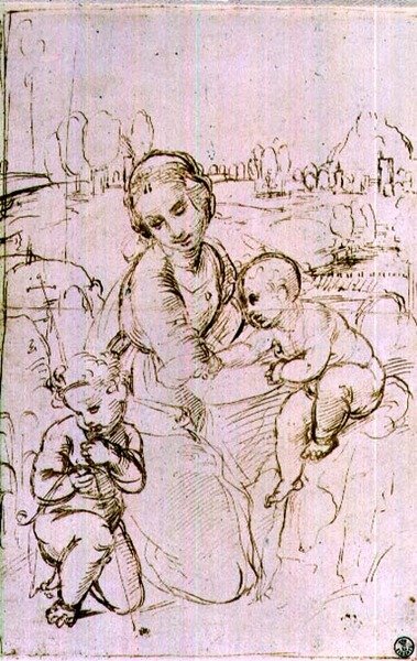 Tanulmányozás egy Madonnáról és a gyermekről a csecsemő Keresztelő Szent Jánossal (toll és tinta) alkotó: Raphael