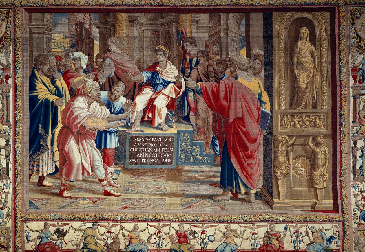 Péter és Pál apostol élete: „” Barjesu (Elymas) zsidó varázsló büntetése, aki szembeszállt Pállal, és átmenetileg megvakult”” A jelenet Lucius Sergius Paulus római helytartó és Szent Barnaba előtt játszódik. Az i felirat látható alkotó: after Raphael