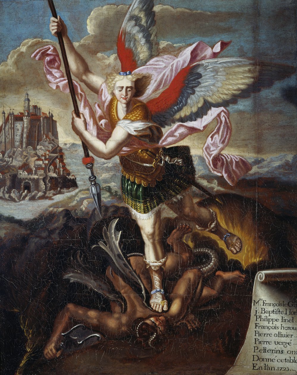Szent Mihály és az ördög, Raphael Sanzio, hat zarándok egykori fogadalma, akik a Mont Saint-Michel felé zarándokoltak alkotó: Raphael (1483 1520) (after)