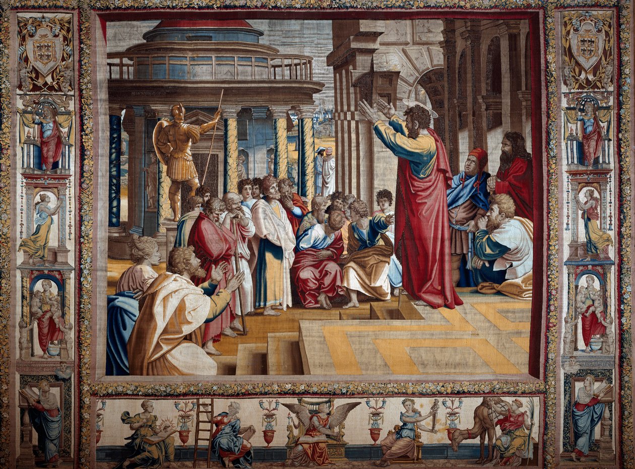 Szent Pál apostol prédikál az Athenes Gobelin aeropagejában Raffaello Sanzio dit Raphael (1483-1520) kartonra festése után, a 16. század eleje V. 4,95x6,45 m Mantua, hercegi palota (Mantua) alkotó: after Raphael