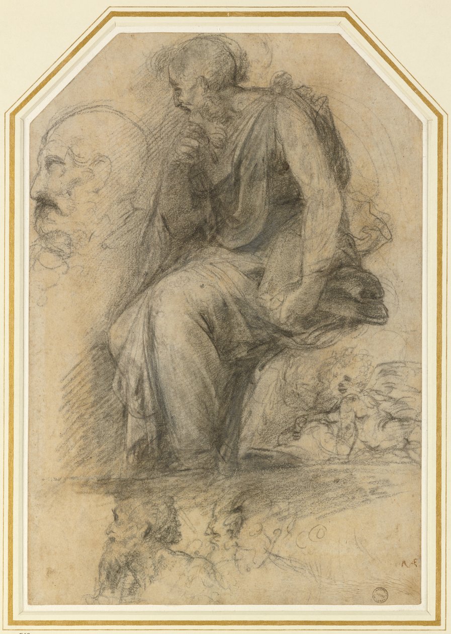 Férfi szent, ülve (Szent Pál): Study for the Disputa, WA1846.189 (szén, fehér kiemeléssel) alkotó: Raphael