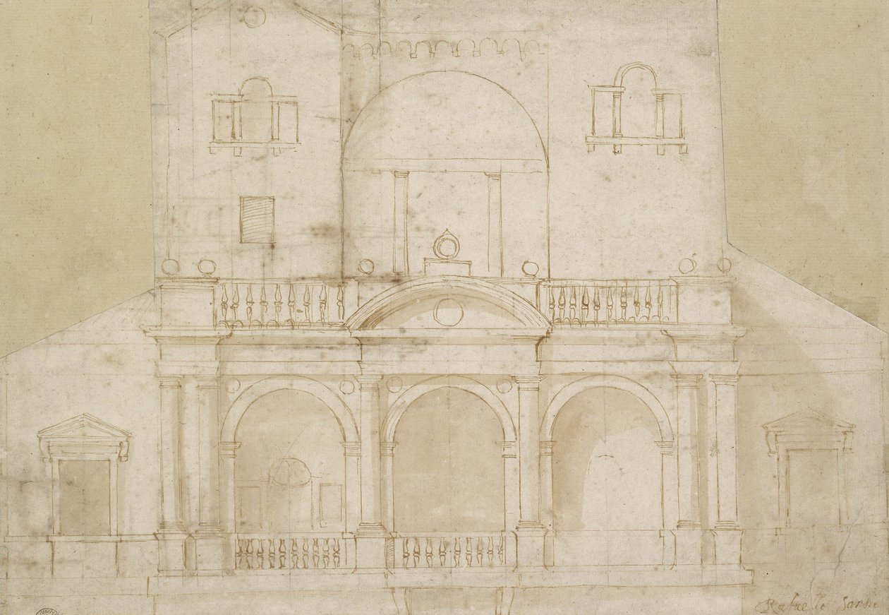 Építészeti tervezés (Villa Madama) (toll és barna tinta barna mosással törtfehér papíron) alkotó: Raphael