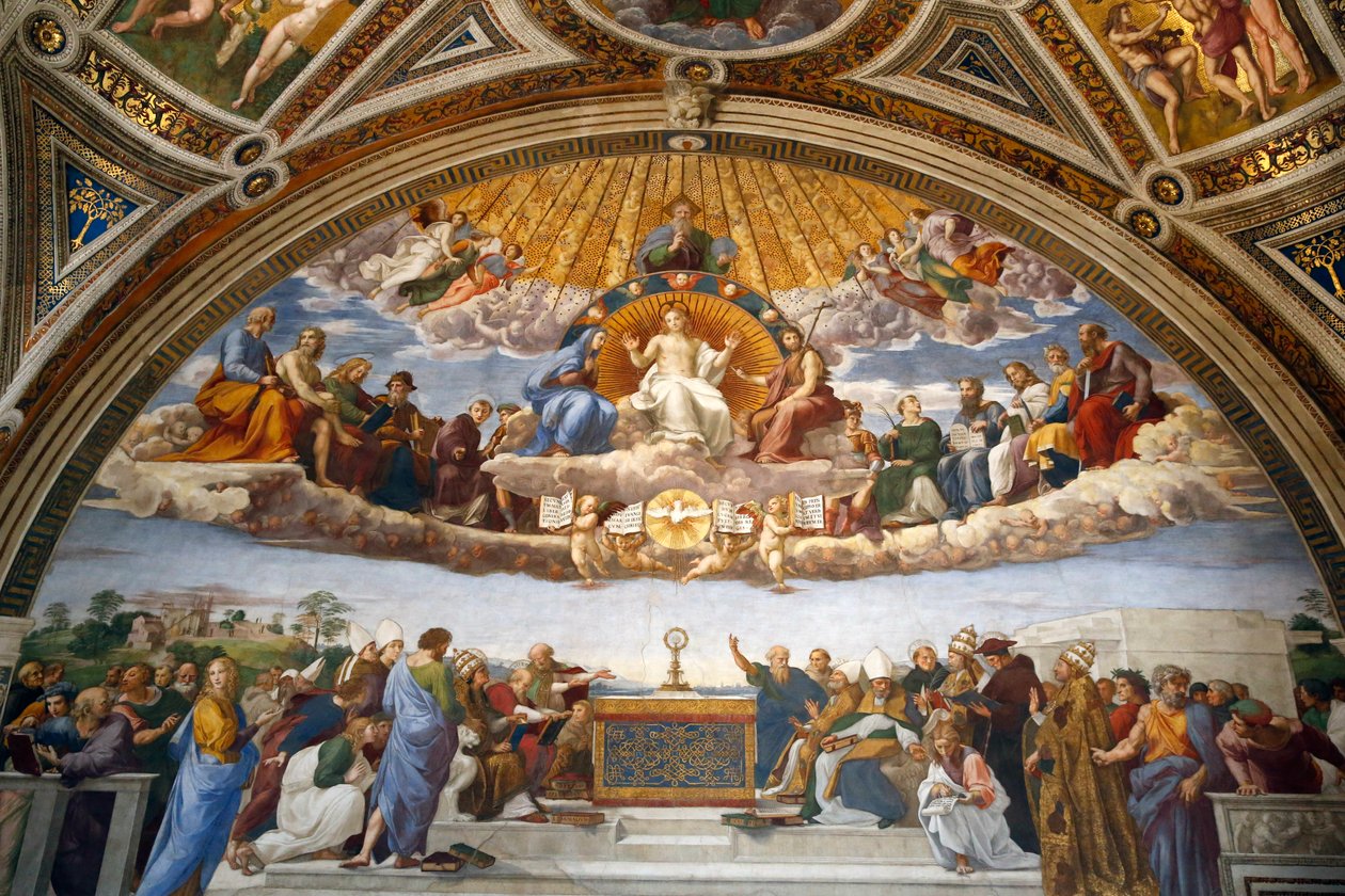 Szentségi vita a Stanza della Segnaturában (friss) alkotó: Raphael (1483 1520)