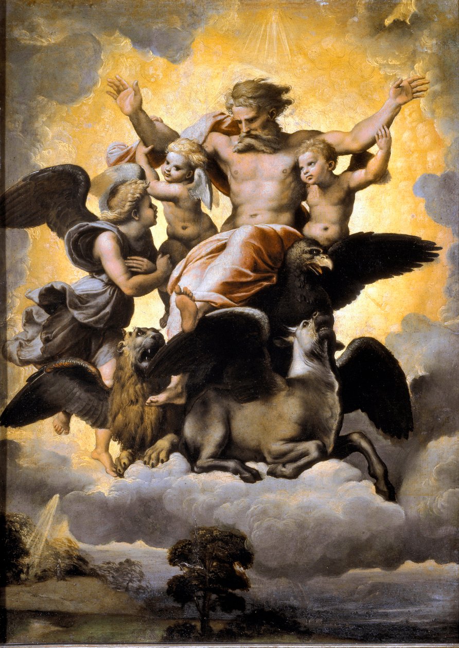 Ezechiel látomása. A tetramorf kerubinokkal körülvéve. (Festés alkotó: Raphael